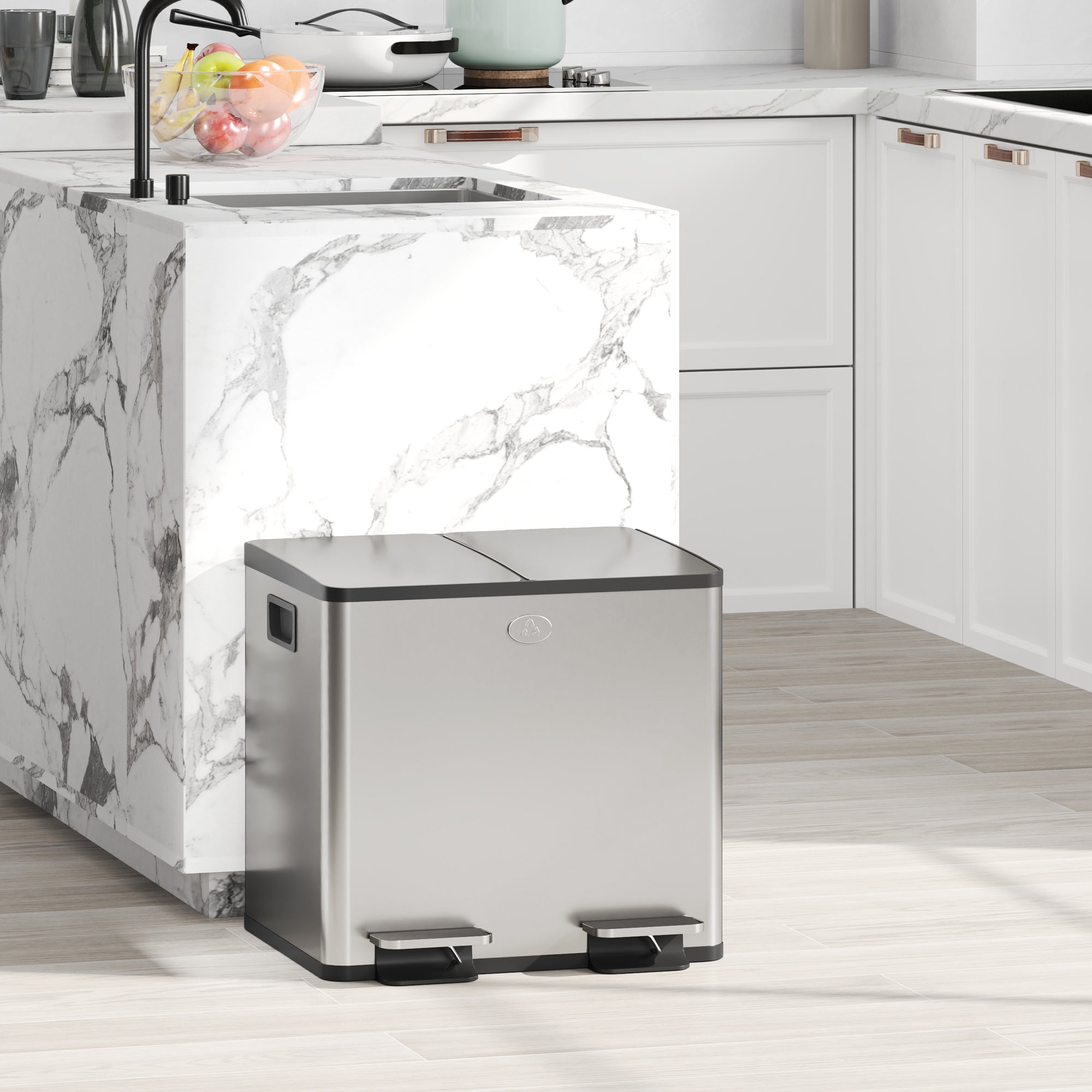 Kitchen Trash Can with 2 Compartments 2x15L Stainless Steel Kitchen Bin with Pedal Soft-Close Lids and Removable Bucket for Recycling Waste Food Scraps Silver