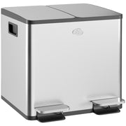 Kitchen Trash Can with 2 Compartments 2x15L Stainless Steel Kitchen Bin with Pedal Soft-Close Lids and Removable Bucket for Recycling Waste Food Scraps Silver