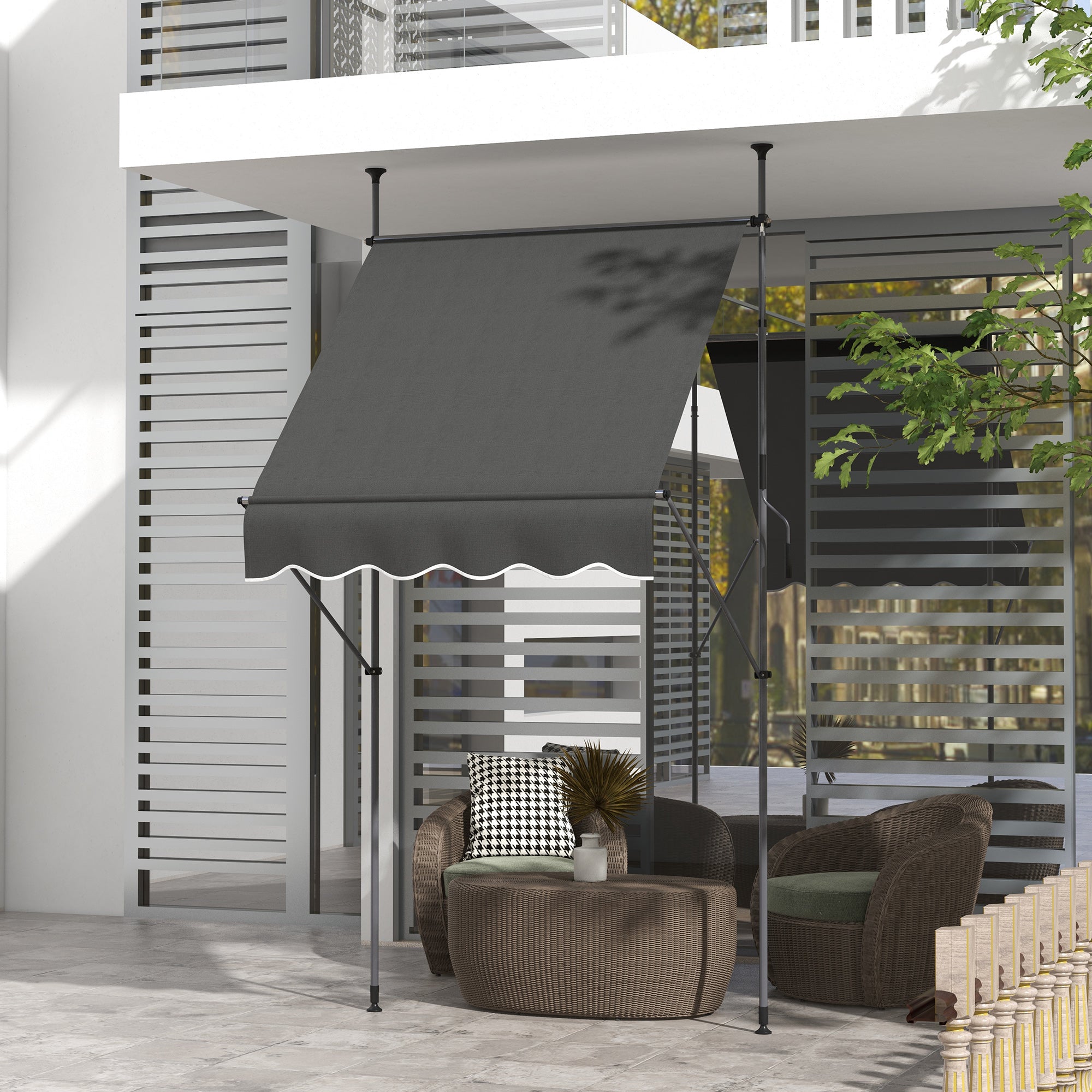 Freestanding Manual Retractable Awning Canopy 1.5L x 1.2W x 2.1-3H m Adjustable Tilt for Balcony without Drilling Holes Dark Gray Metal Alu Polyester