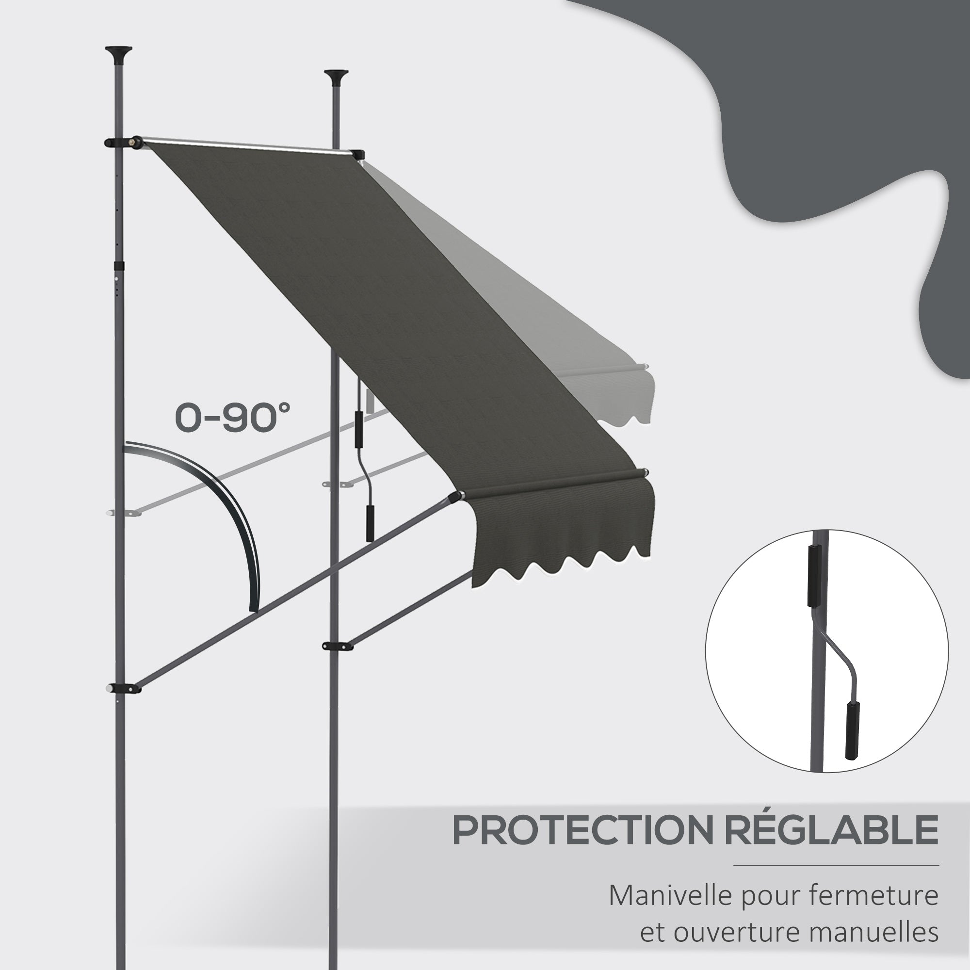 Freestanding Manual Retractable Awning Canopy 1.5L x 1.2W x 2.1-3H m Adjustable Tilt for Balcony without Drilling Holes Dark Gray Metal Alu Polyester