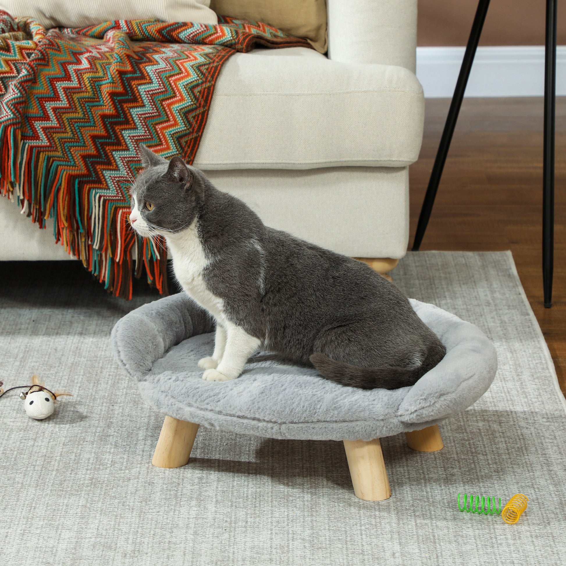 Raised Small Dog and Cat Sofa with Plush Cover, Small Dog Couch, Removable Cat and Pets Bed with Backrest, 47x40x20 cm, Grey