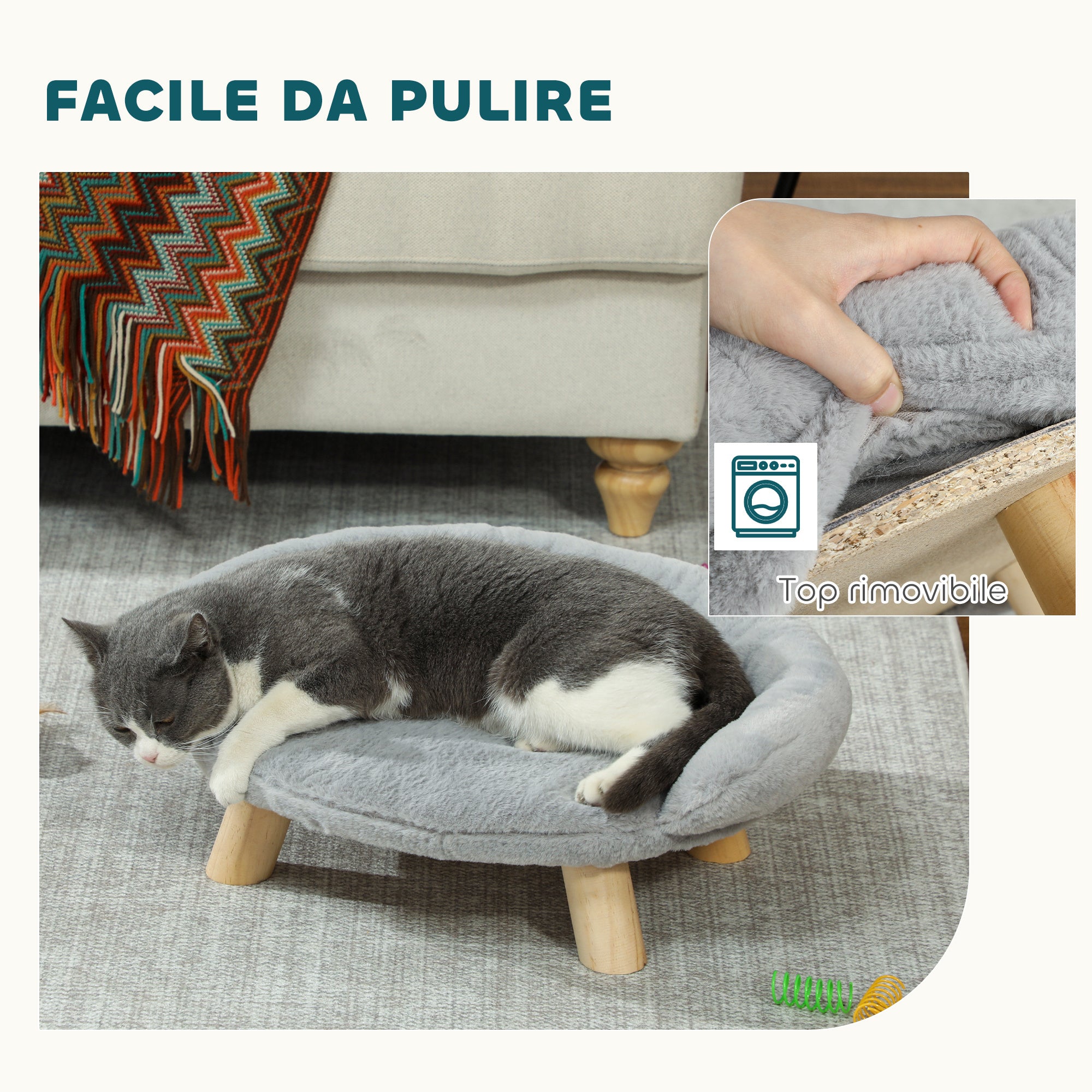 Raised Small Dog and Cat Sofa with Plush Cover, Small Dog Couch, Removable Cat and Pets Bed with Backrest, 47x40x20 cm, Grey