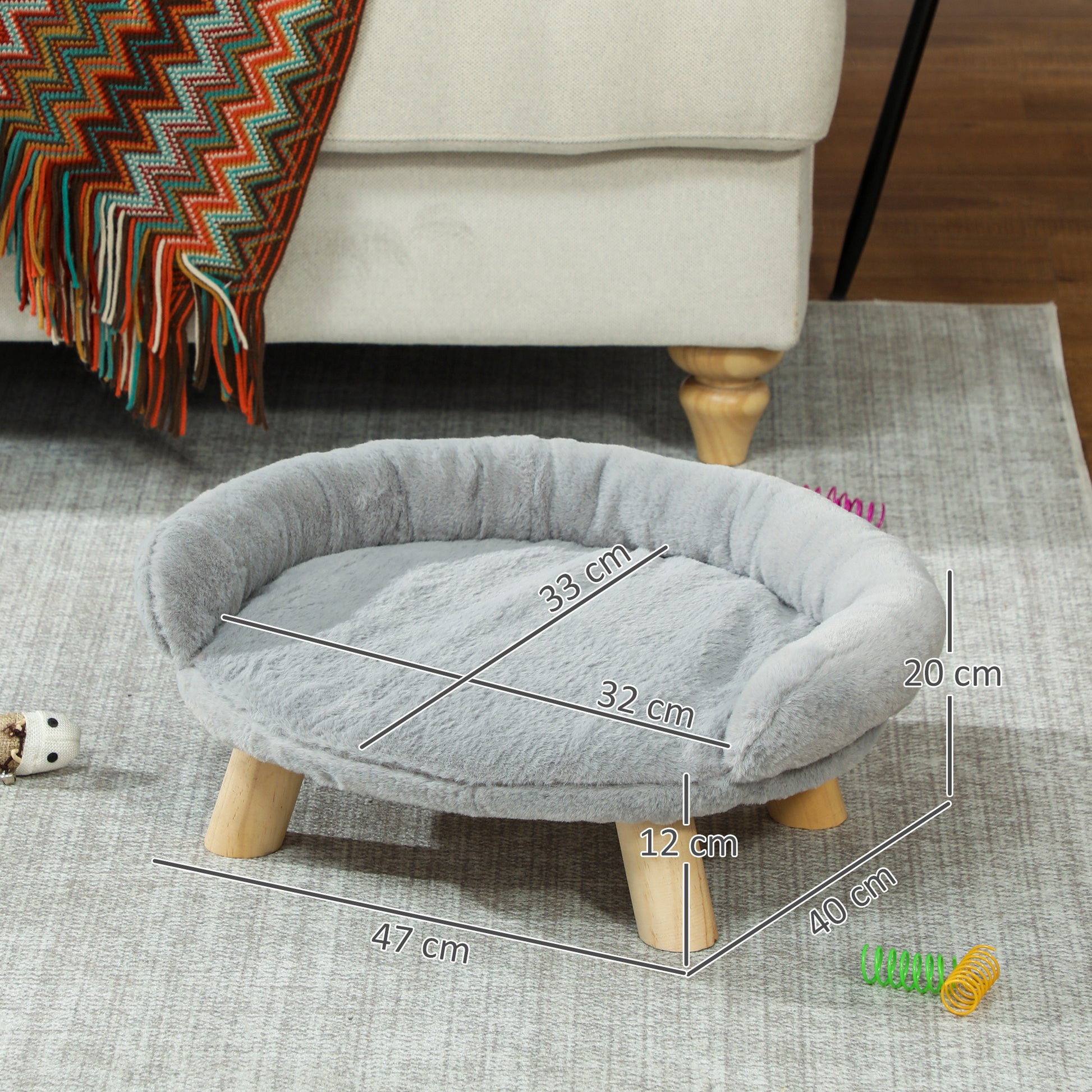 Raised Small Dog and Cat Sofa with Plush Cover, Small Dog Couch, Removable Cat and Pets Bed with Backrest, 47x40x20 cm, Grey