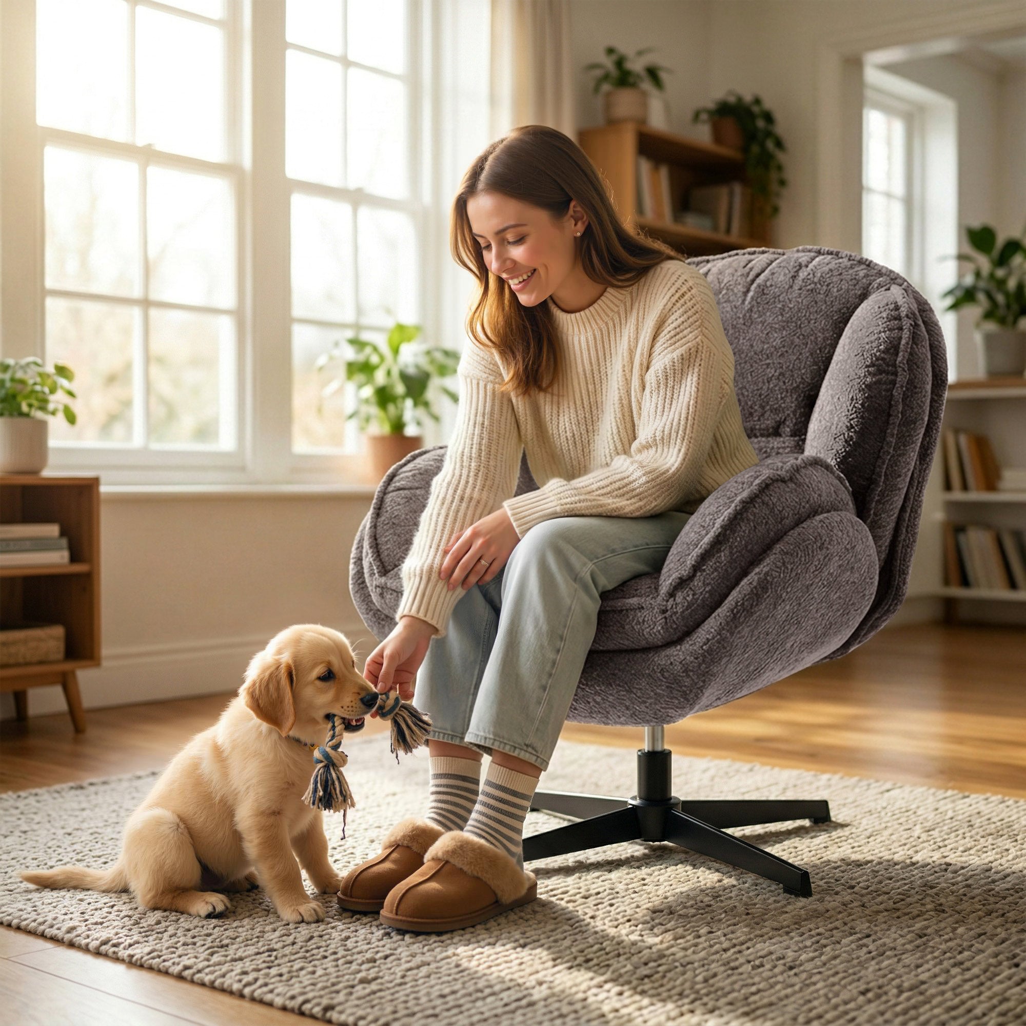 Wingback Swivel Lounge Chair, Padded Velvet-Feel Upholstery, Metal Legs, Comfortable Relax Chair for Living Room & Bedroom, Gray