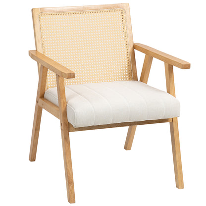 Comfortable Relax Armchair for Living Room Bedroom, Rattan Backrest Chair with Natural Wood and Padded Cushion and Armrests