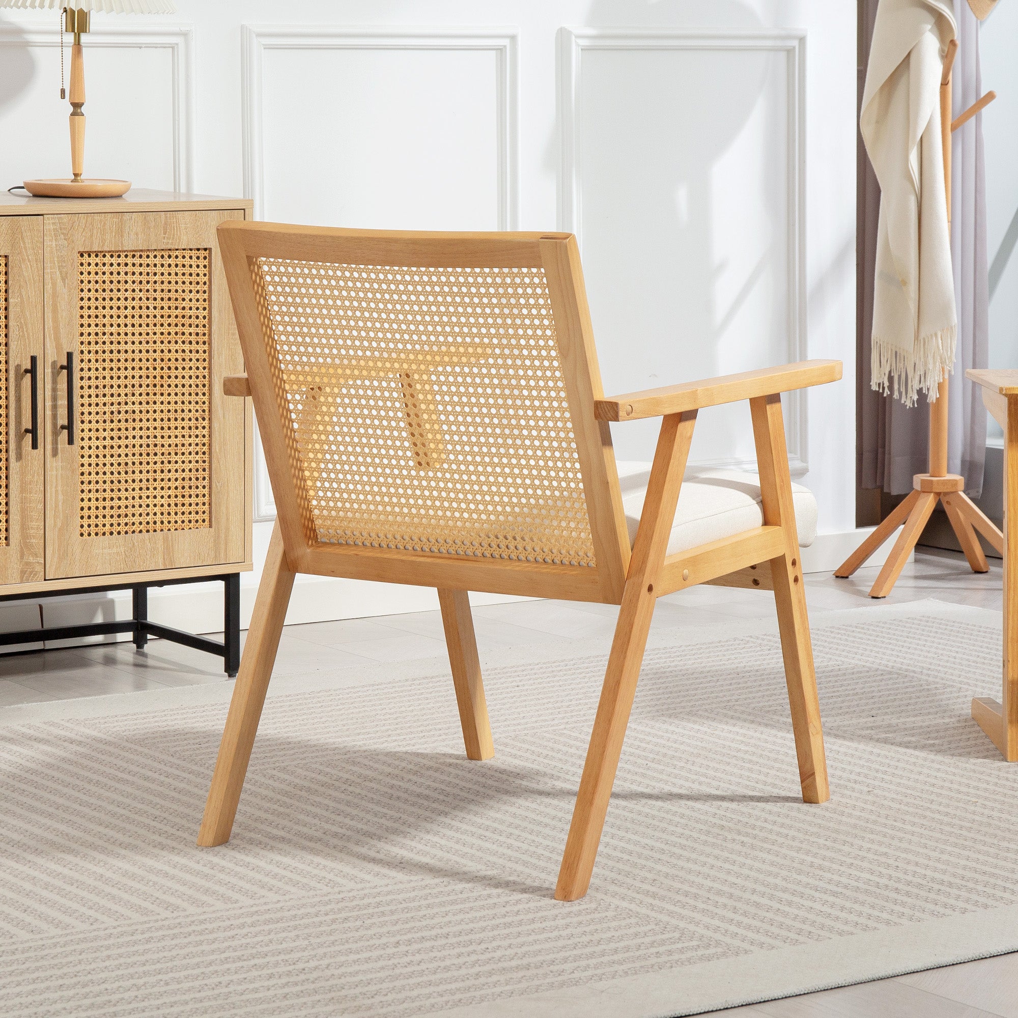 Comfortable Relax Armchair for Living Room Bedroom, Rattan Backrest Chair with Natural Wood and Padded Cushion and Armrests