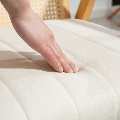 Comfortable Relax Armchair for Living Room Bedroom, Rattan Backrest Chair with Natural Wood and Padded Cushion and Armrests