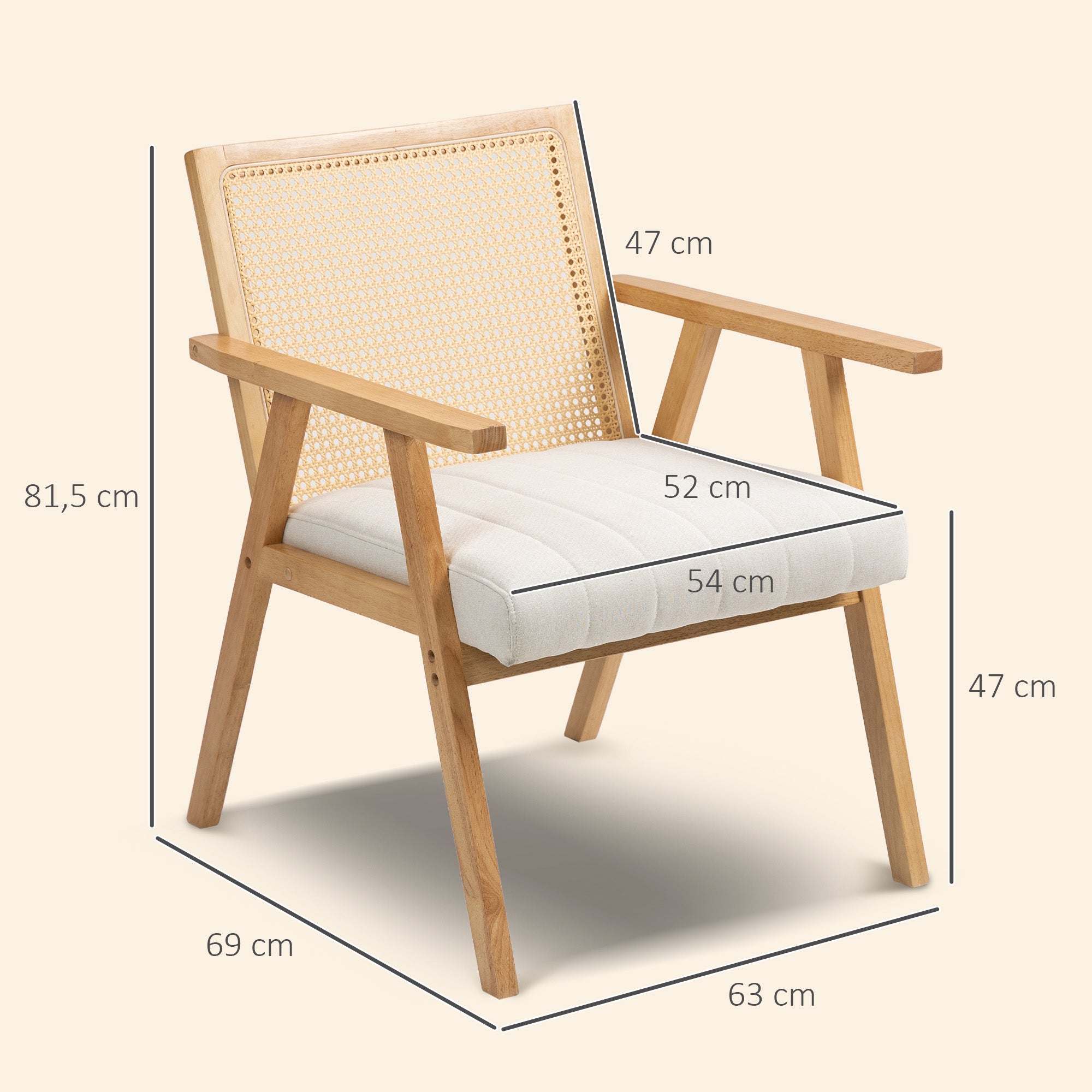Comfortable Relax Armchair for Living Room Bedroom, Rattan Backrest Chair with Natural Wood and Padded Cushion and Armrests