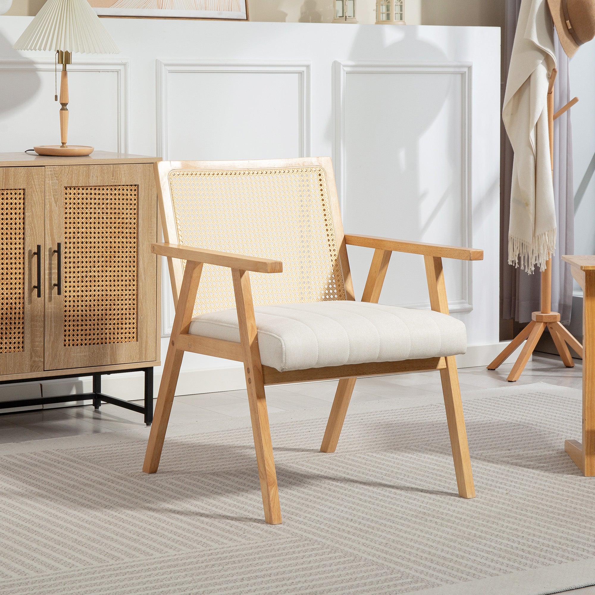 Comfortable Relax Armchair for Living Room Bedroom, Rattan Backrest Chair with Natural Wood and Padded Cushion and Armrests