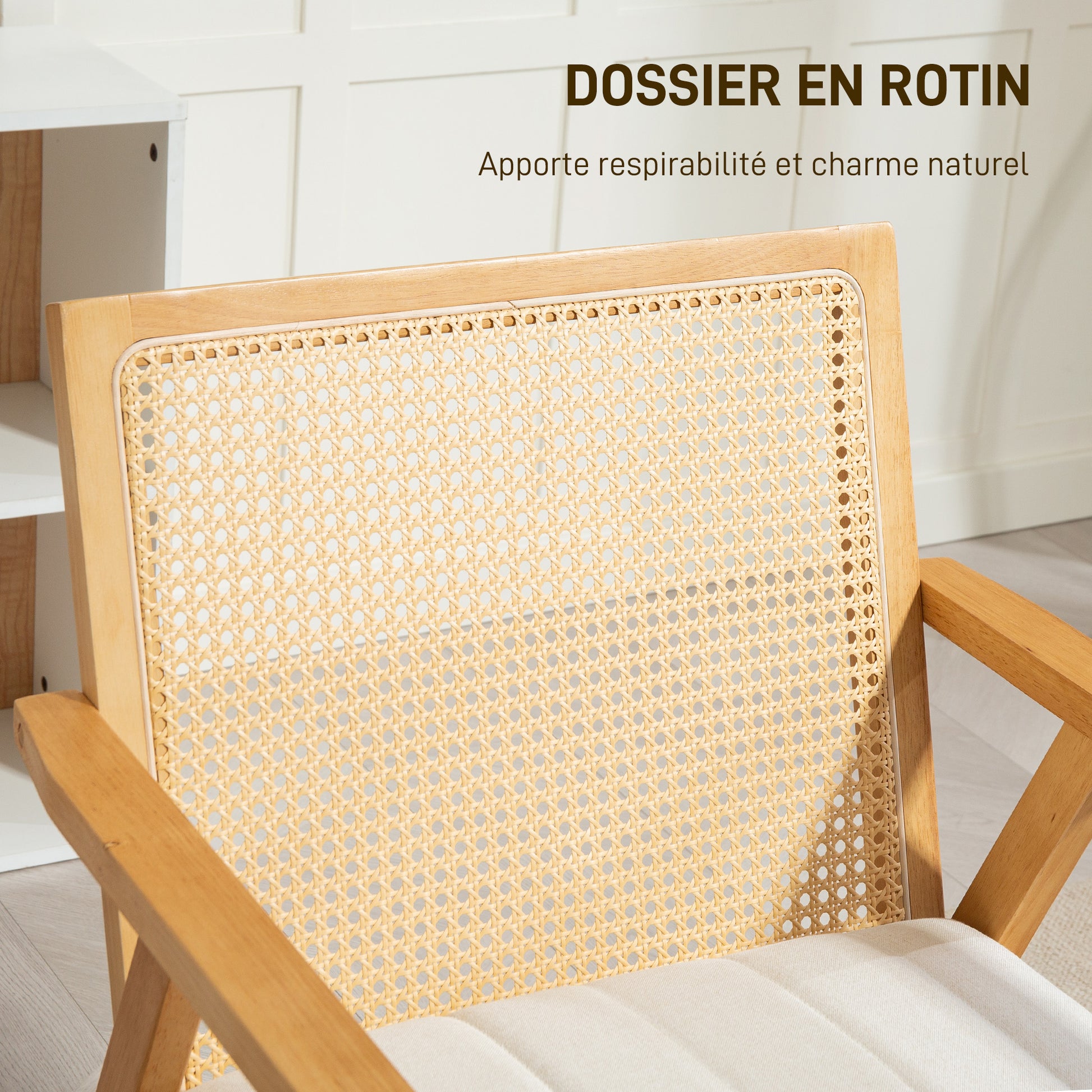 Comfortable Relax Armchair for Living Room Bedroom, Rattan Backrest Chair with Natural Wood and Padded Cushion and Armrests