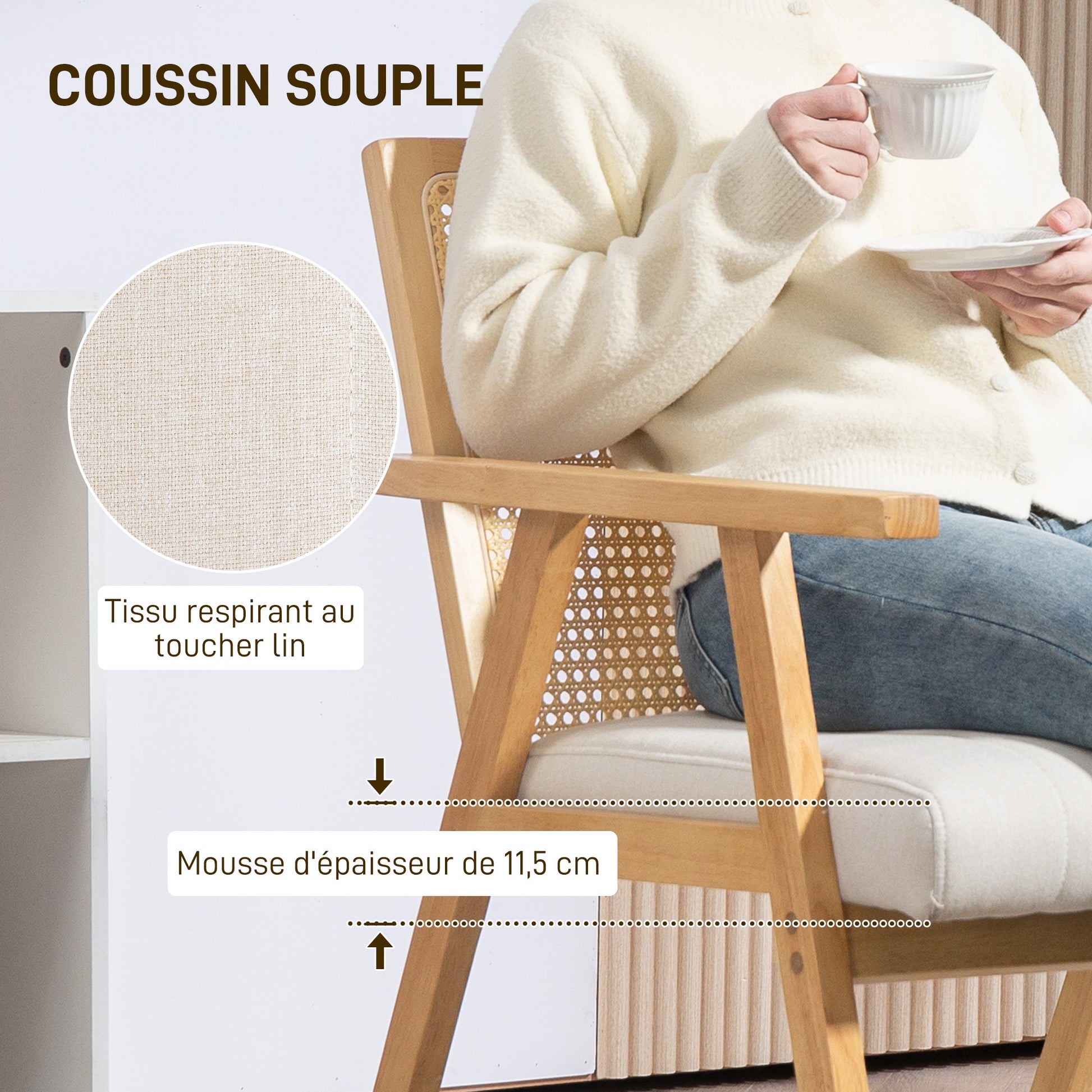 Comfortable Relax Armchair for Living Room Bedroom, Rattan Backrest Chair with Natural Wood and Padded Cushion and Armrests
