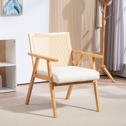 Comfortable Relax Armchair for Living Room Bedroom, Rattan Backrest Chair with Natural Wood and Padded Cushion and Armrests