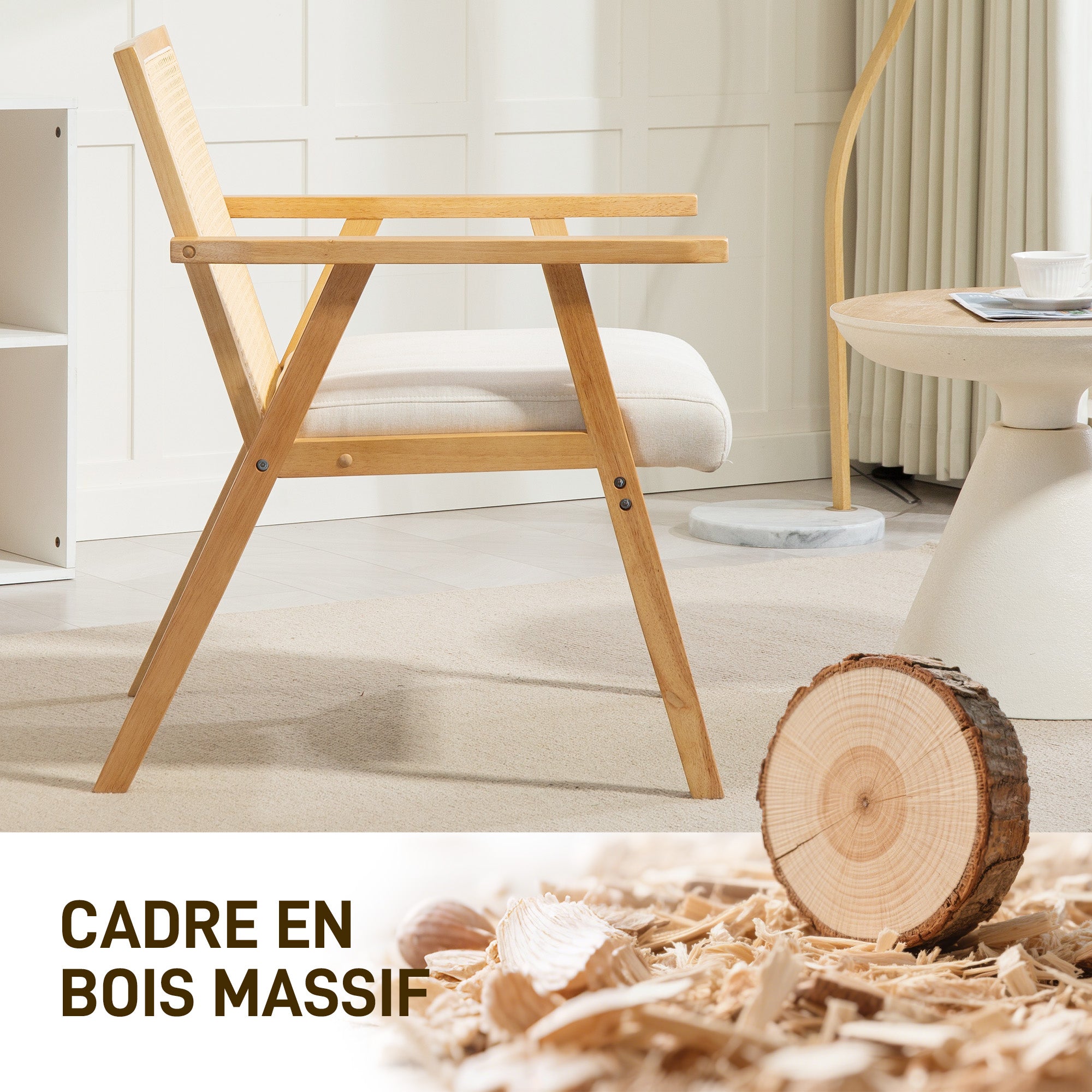 Comfortable Relax Armchair for Living Room Bedroom, Rattan Backrest Chair with Natural Wood and Padded Cushion and Armrests
