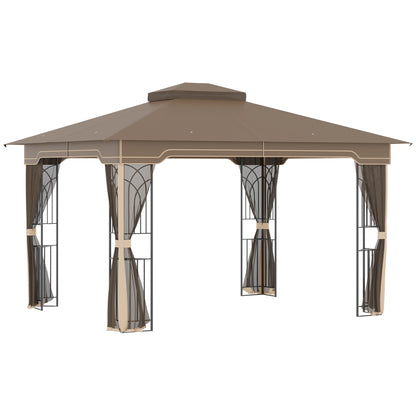 Garden Gazebo 3.7x3m with Mosquito Net and Double Roof, Metal Structure and Triangular Shelves, Brown and Beige