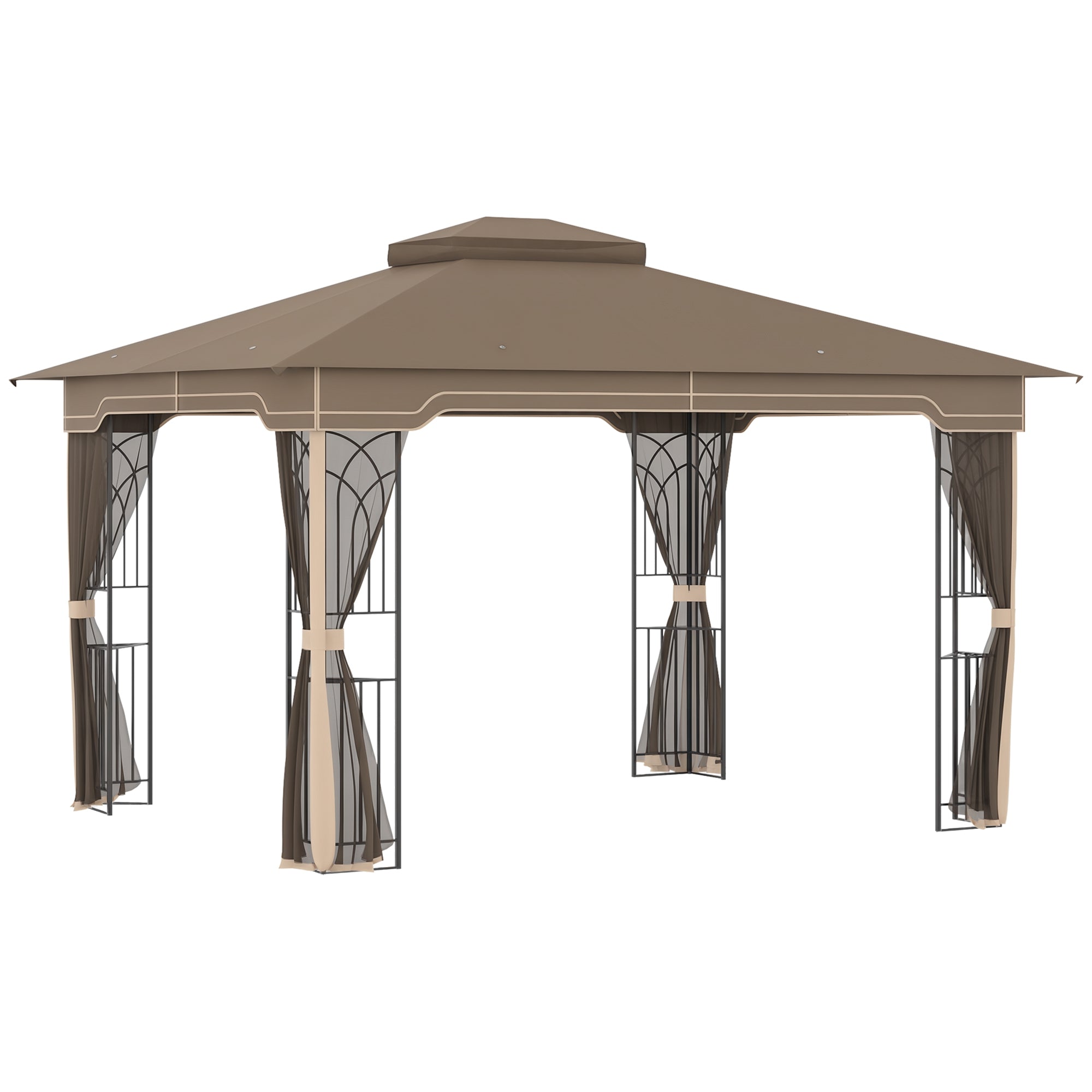 Garden Gazebo 3.7x3m with Mosquito Net and Double Roof, Metal Structure and Triangular Shelves, Brown and Beige