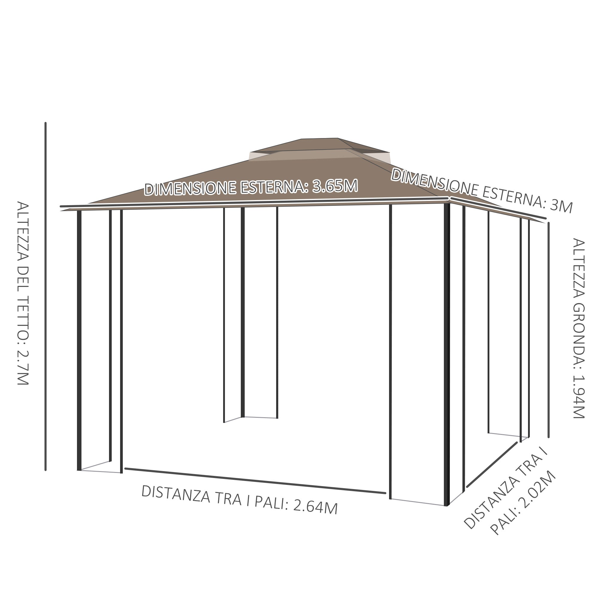 Garden Gazebo 3.7x3m with Mosquito Net and Double Roof, Metal Structure and Triangular Shelves, Brown and Beige