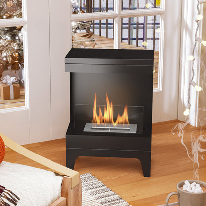 Bioethanol Fireplace Free Standing Bioethanol Stove with 0.9 L Stainless Steel Extinguishing Burner Burning Time 3.3H for Indoors 15-20 m² 38x22x54 cm Black