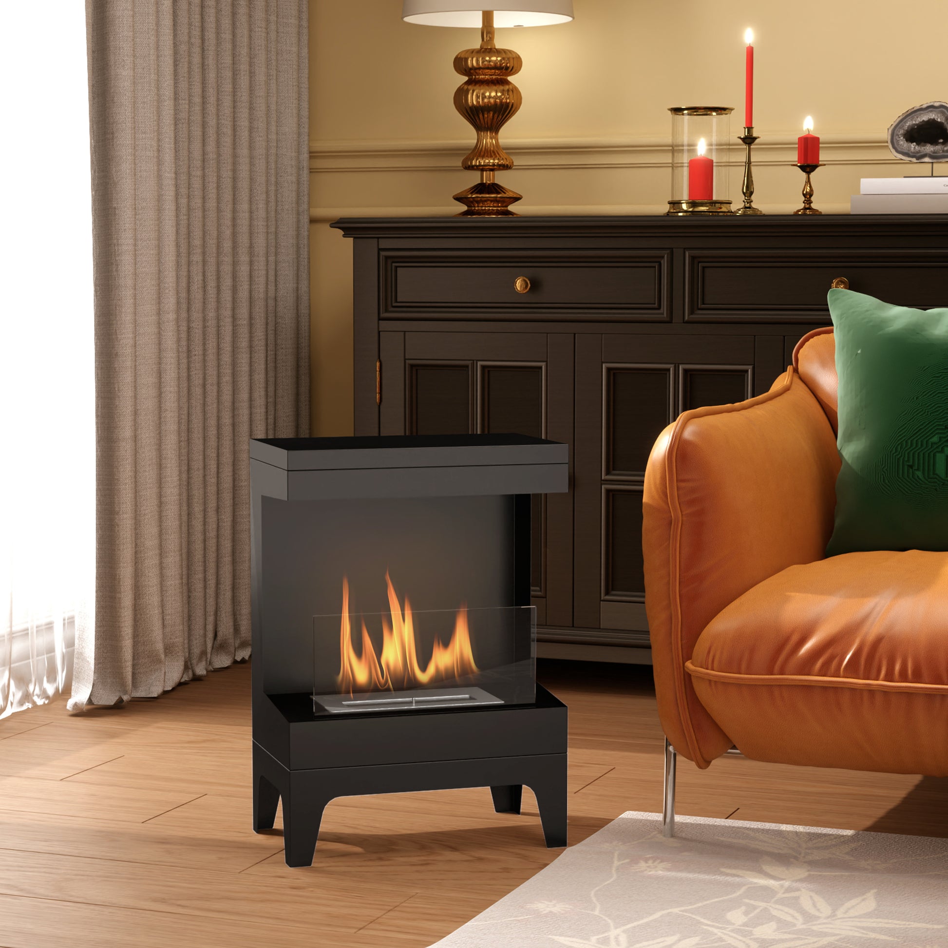 Bioethanol Fireplace Free Standing Bioethanol Stove with 0.9 L Stainless Steel Extinguishing Burner Burning Time 3.3H for Indoors 15-20 m² 38x22x54 cm Black