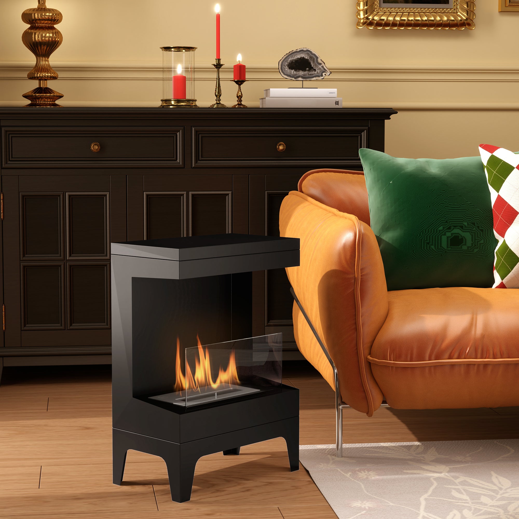 Bioethanol Fireplace Free Standing Bioethanol Stove with 0.9 L Stainless Steel Extinguishing Burner Burning Time 3.3H for Indoors 15-20 m² 38x22x54 cm Black