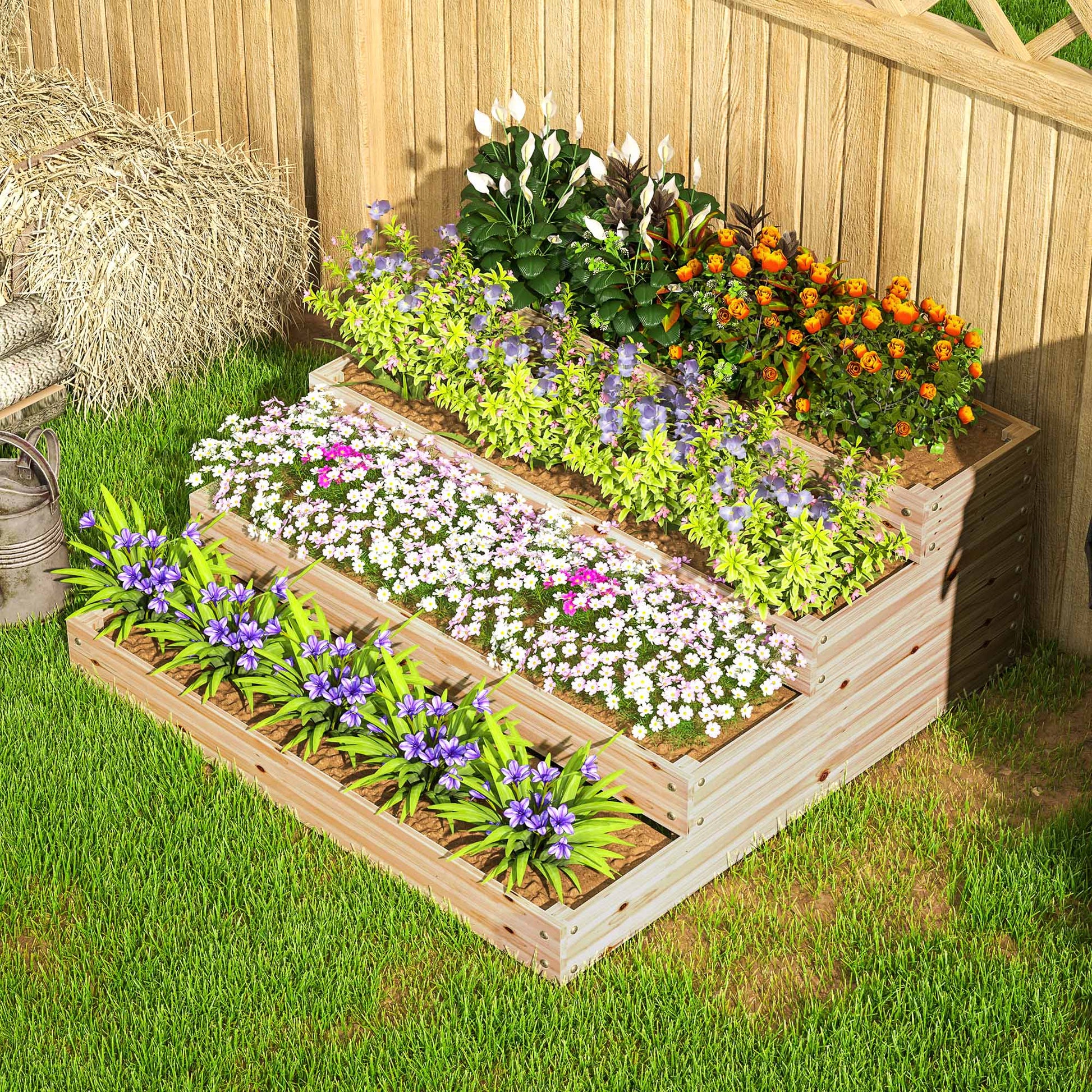 Garden Square Planter, Solid Wood Garden Bed, Raised Garden Bed, Bottomless, 4 Levels, for Herbs, Vegetables, Fruits, Flowers, 113 x 113 x 46 cm, Natural Wood