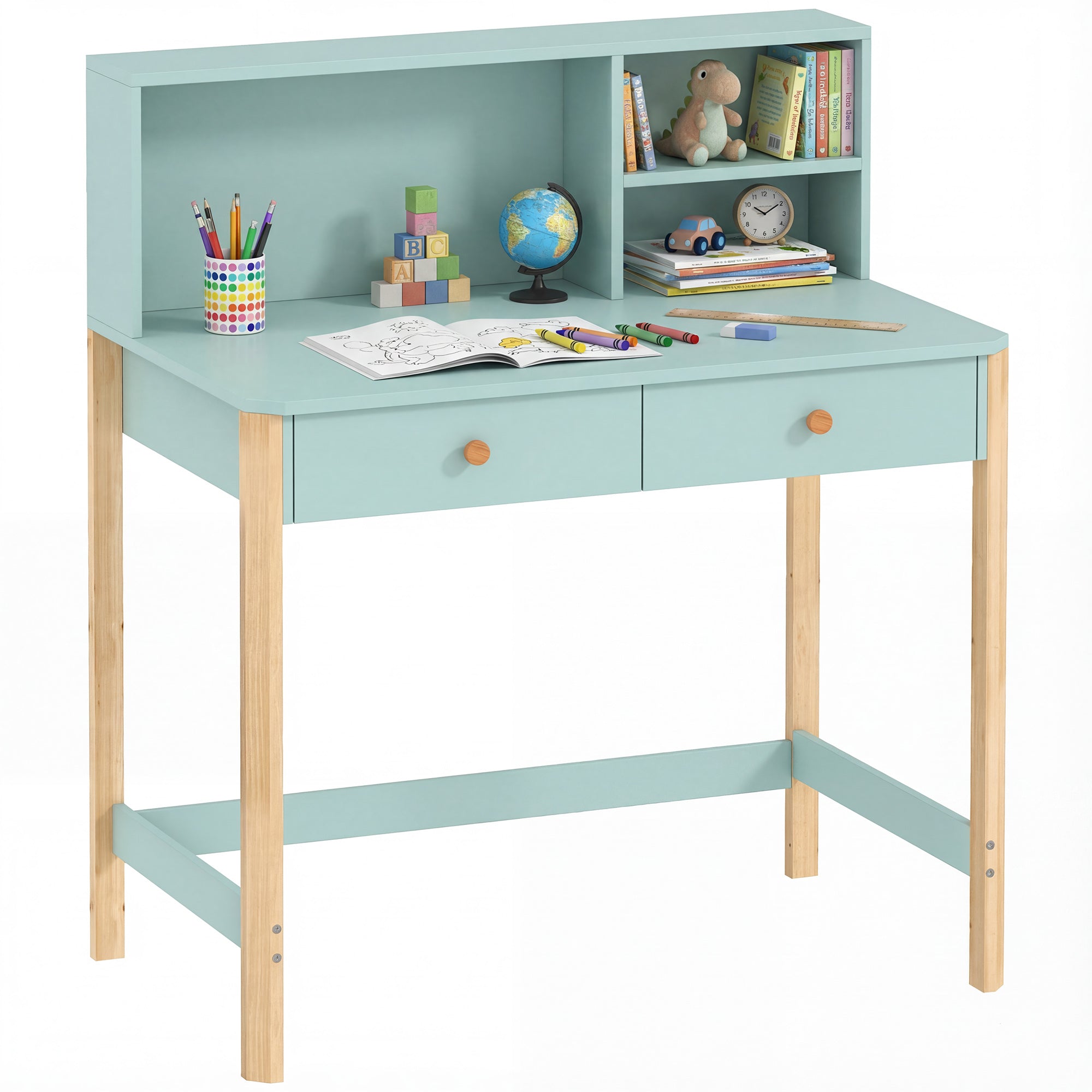 Kids Desk with 3 Open Compartments & 2 Drawers, Pine Legs, for Study/Entry/Bedroom, Ages 5–12 — 35.4×20.5×41.3 in (Green)