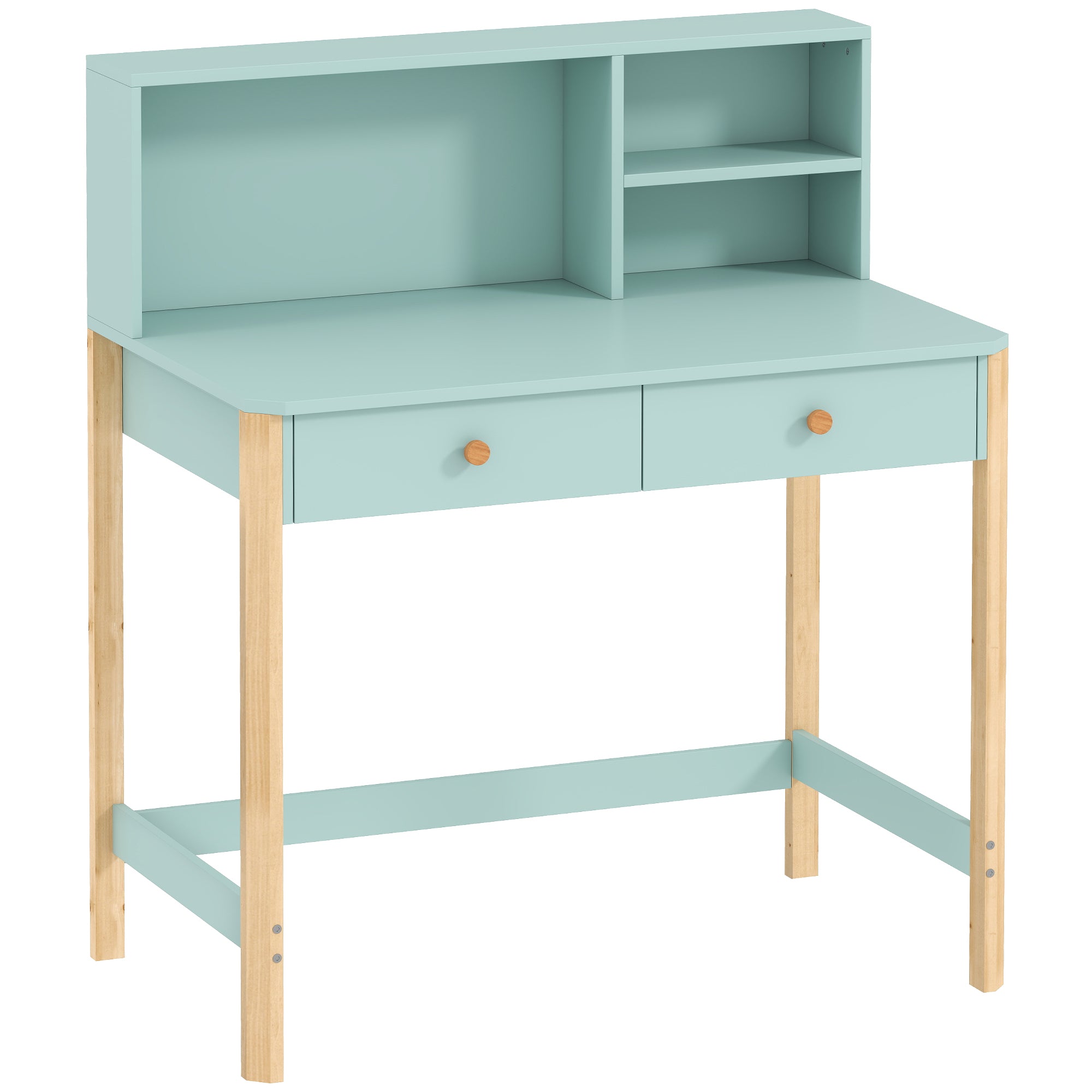 Kids Desk with 3 Open Compartments & 2 Drawers, Pine Legs, for Study/Entry/Bedroom, Ages 5–12 — 35.4×20.5×41.3 in (Green)