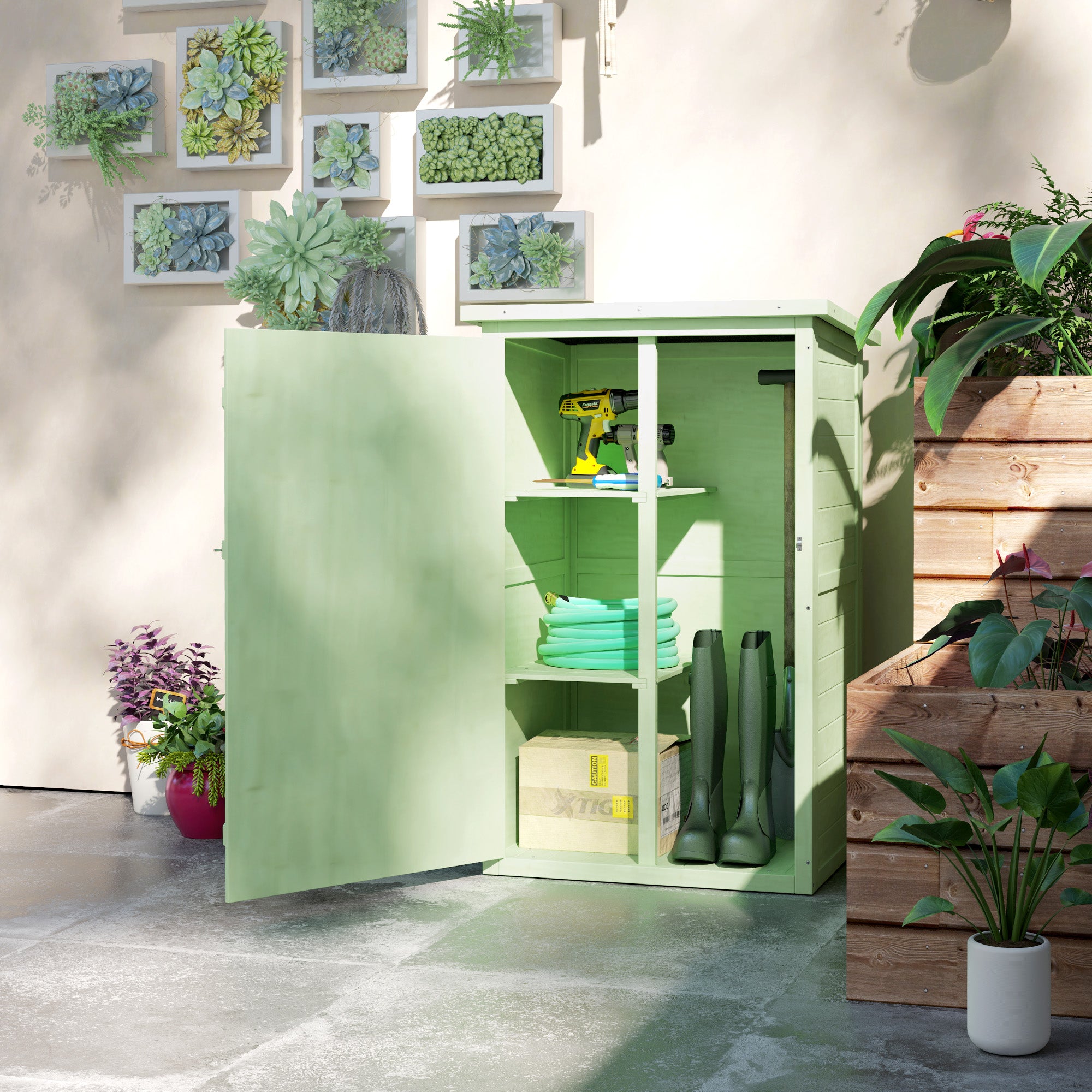 Wooden Garden Shed 75 x 56 x 115 cm (29.5 x 22.0 x 45.3 in) Outdoor Storage Cabinet for Tools with 3 Interior Shelves, Lockable Door and Asphalt Roof - Green