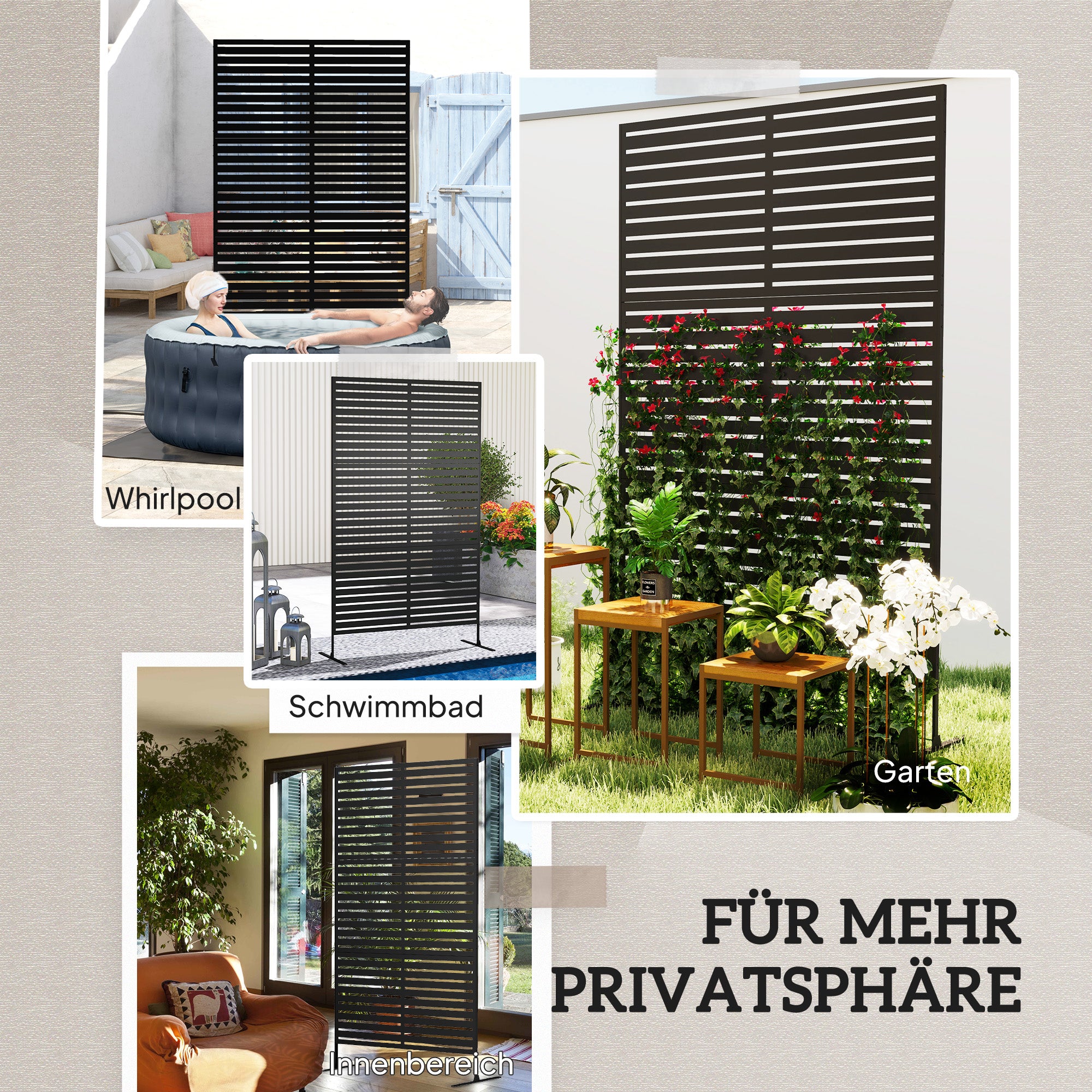Room Divider 3-part 122 x 198 cm Freestanding Louver Privacy Screen in Steel, Outdoor Room Separator Privacy Wall Partition for Garden, Balcony, Terrace, Black