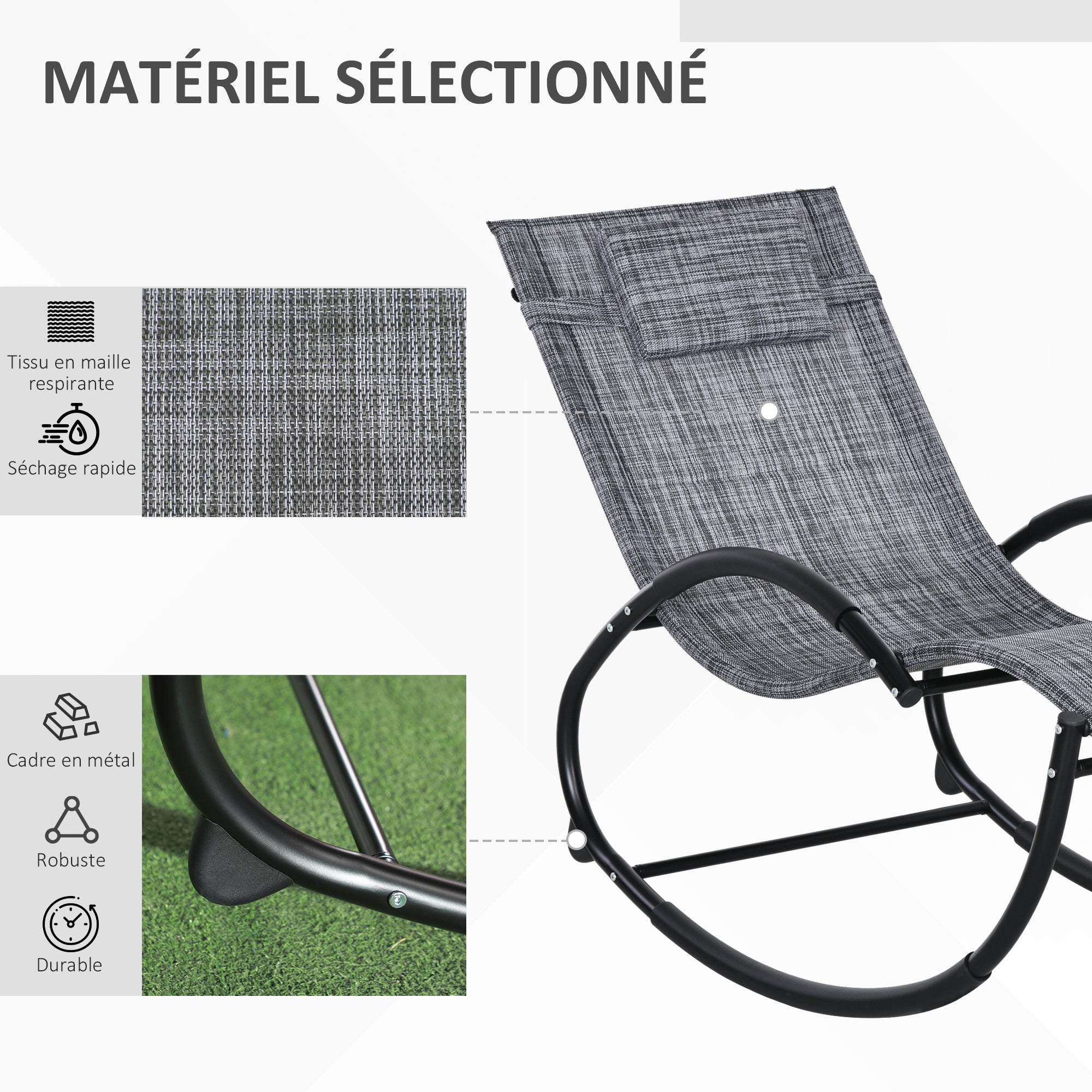 Rocking Chair, Ergonomic Garden Sun Lounger, with Headrest, Rocking Chair, Textilene, for Indoor Outdoor Use, Heather Gray