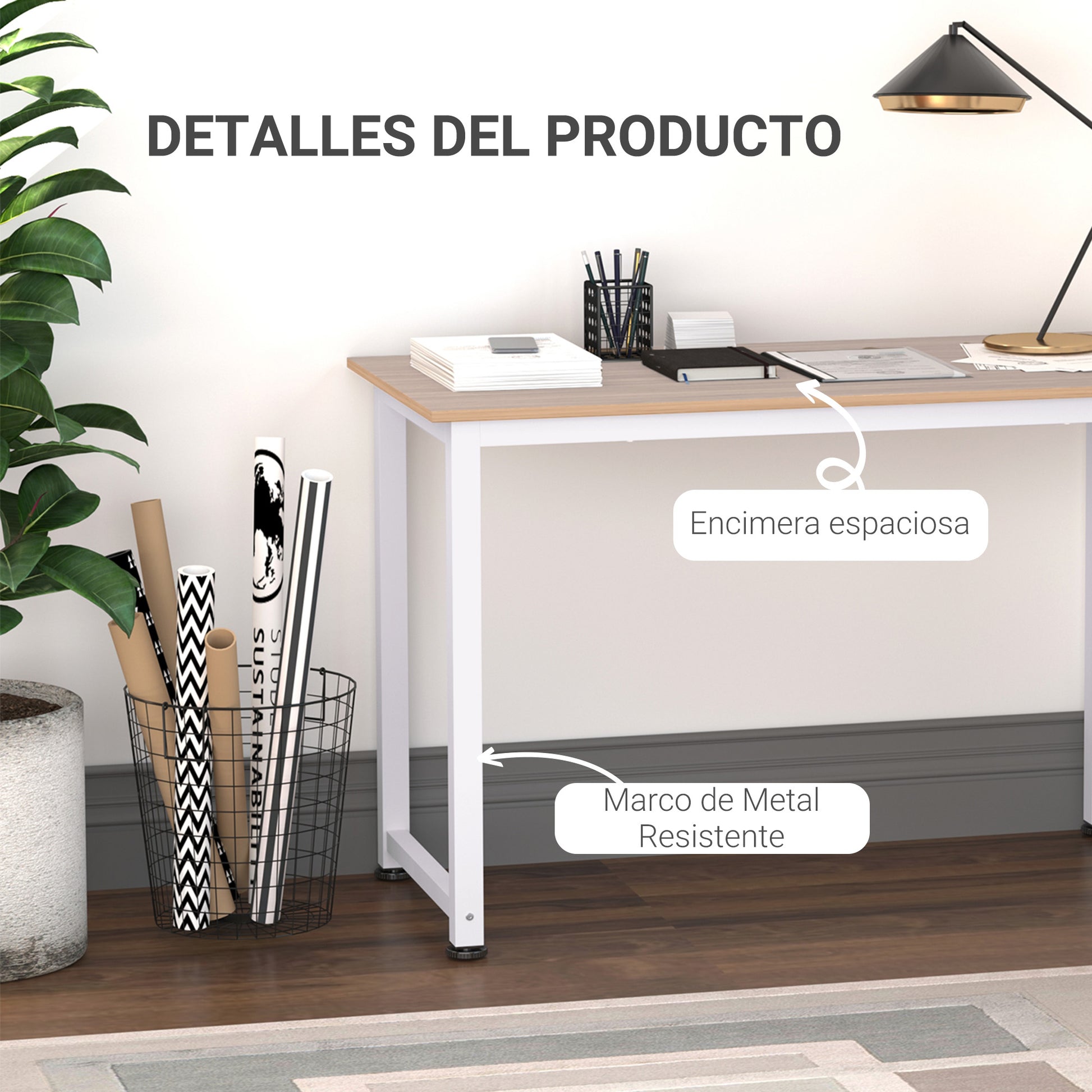 Modern Desk Study Table with Steel Frame and Adjustable Feet Computer Desk for Home Office 120x60x76 cm White and Natural
