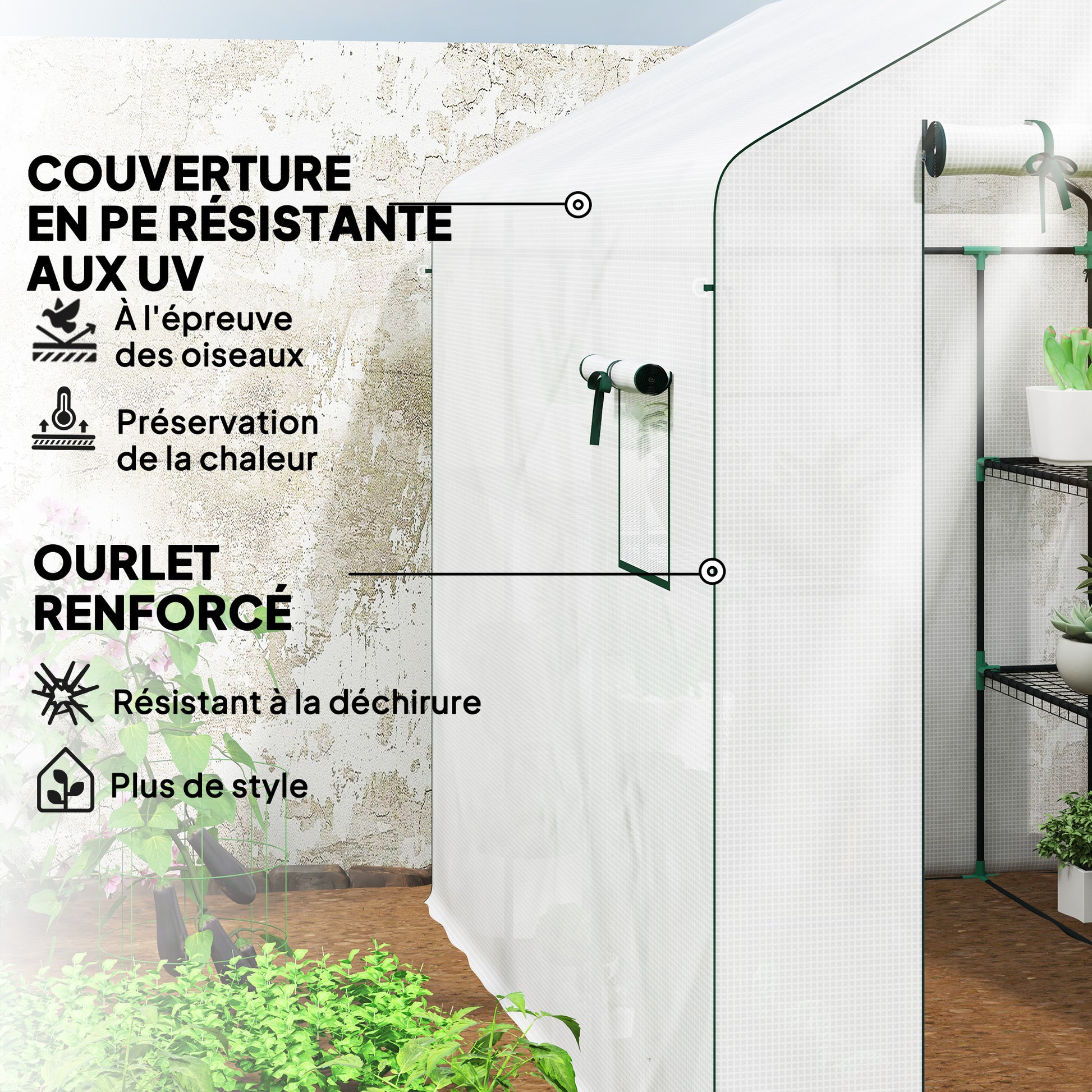 Garden Greenhouse with 3-Tier Shelves, Outdoor Greenhouse with 135gsm UV-Resistant Reinforced Cover, Steel Frame, Roll-Up Zipper Doors, and Mesh Windows, White