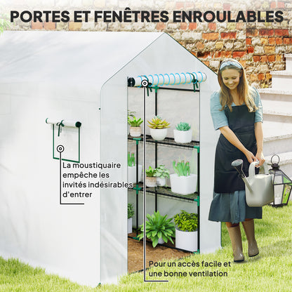 Garden Greenhouse with 3-Tier Shelves, Outdoor Greenhouse with 135gsm UV-Resistant Reinforced Cover, Steel Frame, Roll-Up Zipper Doors, and Mesh Windows, White