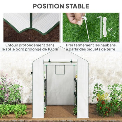 Garden Greenhouse with 3-Tier Shelves, Outdoor Greenhouse with 135gsm UV-Resistant Reinforced Cover, Steel Frame, Roll-Up Zipper Doors, and Mesh Windows, White