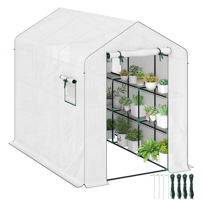 Garden Greenhouse with 3-Tier Shelves, Outdoor Greenhouse with 135gsm UV-Resistant Reinforced Cover, Steel Frame, Roll-Up Zipper Doors, and Mesh Windows, White