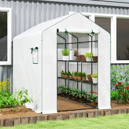 Garden Greenhouse with 3-Tier Shelves, Outdoor Greenhouse with 135gsm UV-Resistant Reinforced Cover, Steel Frame, Roll-Up Zipper Doors, and Mesh Windows, White