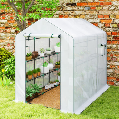Garden Greenhouse with 3-Tier Shelves, Outdoor Greenhouse with 135gsm UV-Resistant Reinforced Cover, Steel Frame, Roll-Up Zipper Doors, and Mesh Windows, White