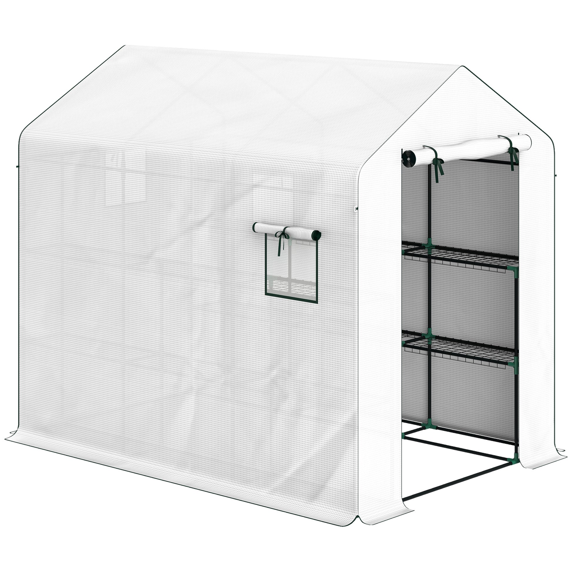 Garden Greenhouse with 3-Tier Shelves, Outdoor Greenhouse with 135gsm UV-Resistant Reinforced Cover, Steel Frame, Roll-Up Zipper Doors, and Mesh Windows, White