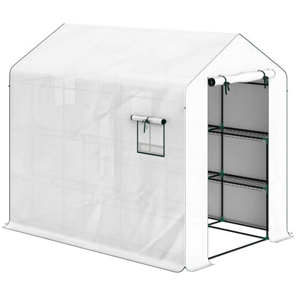 Garden Greenhouse with 3-Tier Shelves, Outdoor Greenhouse with 135gsm UV-Resistant Reinforced Cover, Steel Frame, Roll-Up Zipper Doors, and Mesh Windows, White