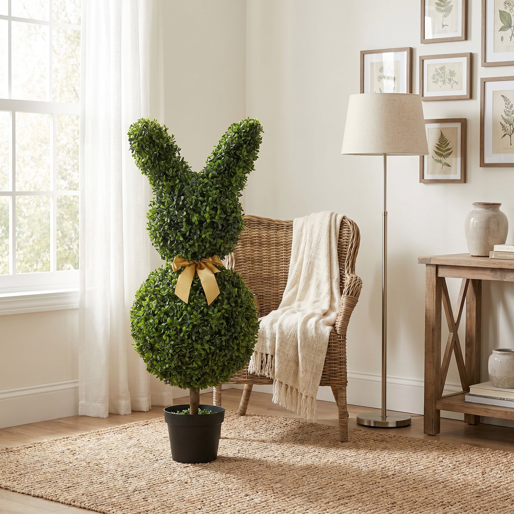 Rabbit-Shaped Artificial Boxwood Topiary, 32.7 in (83 cm) – Faux Plant with Ground Stake for Living Room, Bedroom, Office & Garden