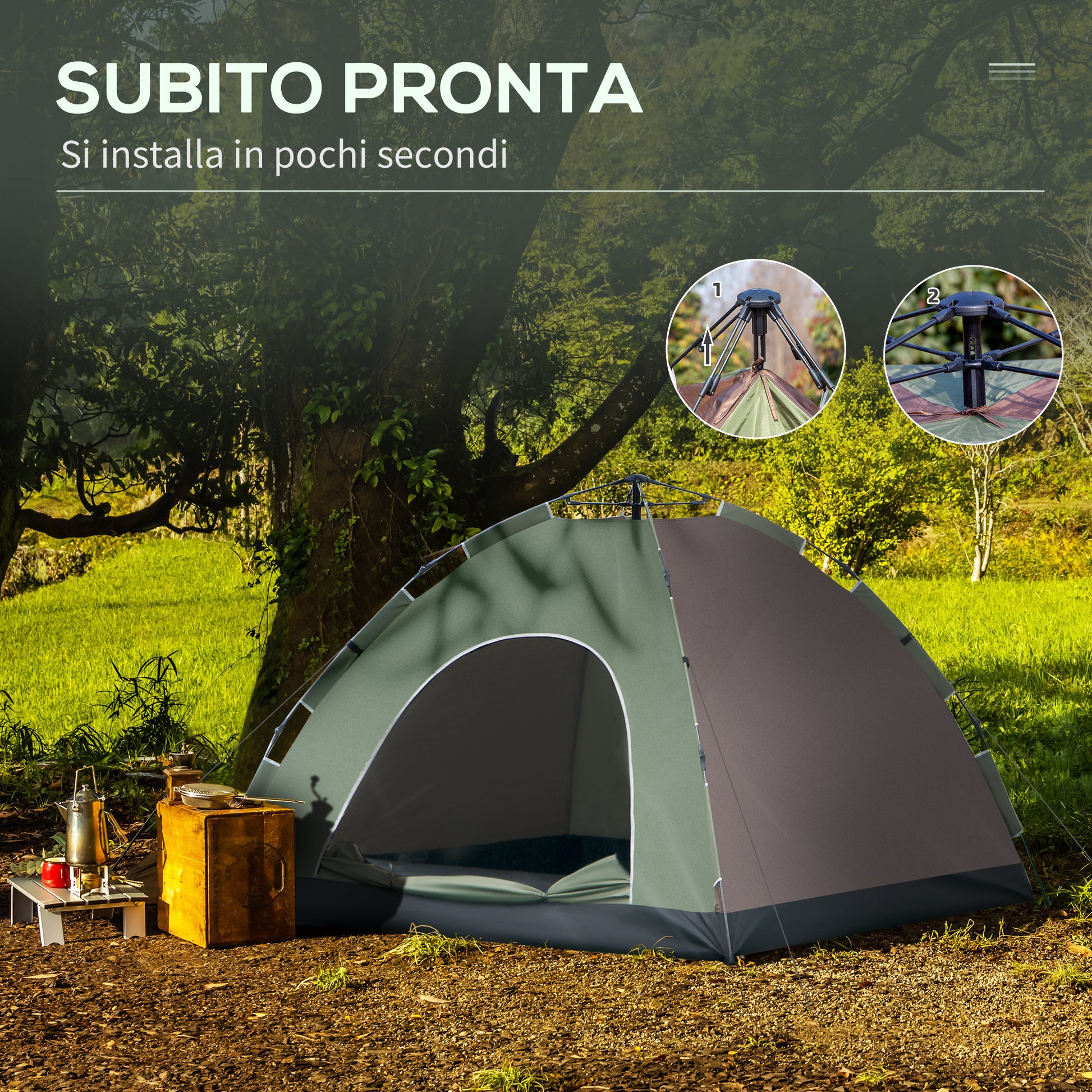 Pop-Up 4-Person Camping Tent, Beach Tent with Carry Bag, Lamp Hooks, and Storage Pockets, UV Protection, 210x210x135 cm