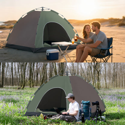 Pop-Up 4-Person Camping Tent, Beach Tent with Carry Bag, Lamp Hooks, and Storage Pockets, UV Protection, 210x210x135 cm