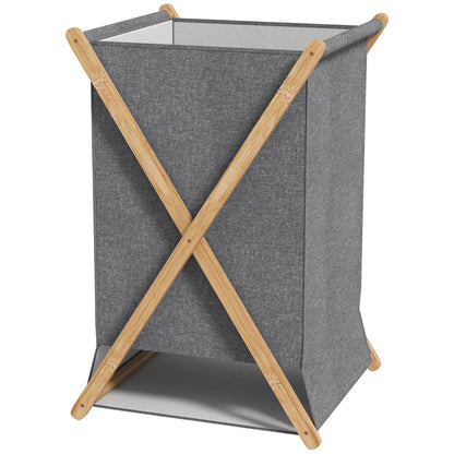 Foldable Laundry Hamper 55L, Fabric Basket with Bamboo Frame for Bedroom and Laundry Room, Natural Wood and Gray