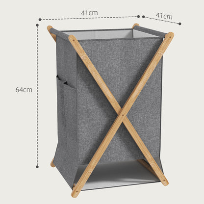 Foldable Laundry Hamper 55L, Fabric Basket with Bamboo Frame for Bedroom and Laundry Room, Natural Wood and Gray