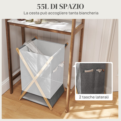Foldable Laundry Hamper 55L, Fabric Basket with Bamboo Frame for Bedroom and Laundry Room, Natural Wood and Gray