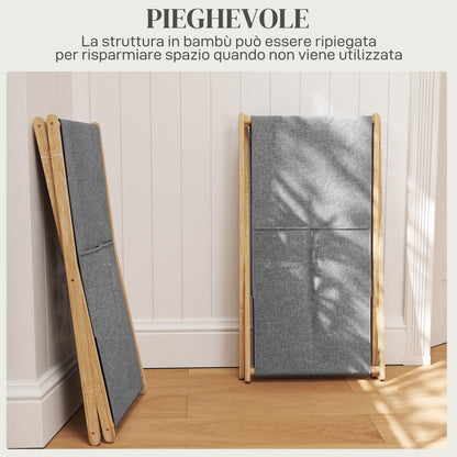 Foldable Laundry Hamper 55L, Fabric Basket with Bamboo Frame for Bedroom and Laundry Room, Natural Wood and Gray