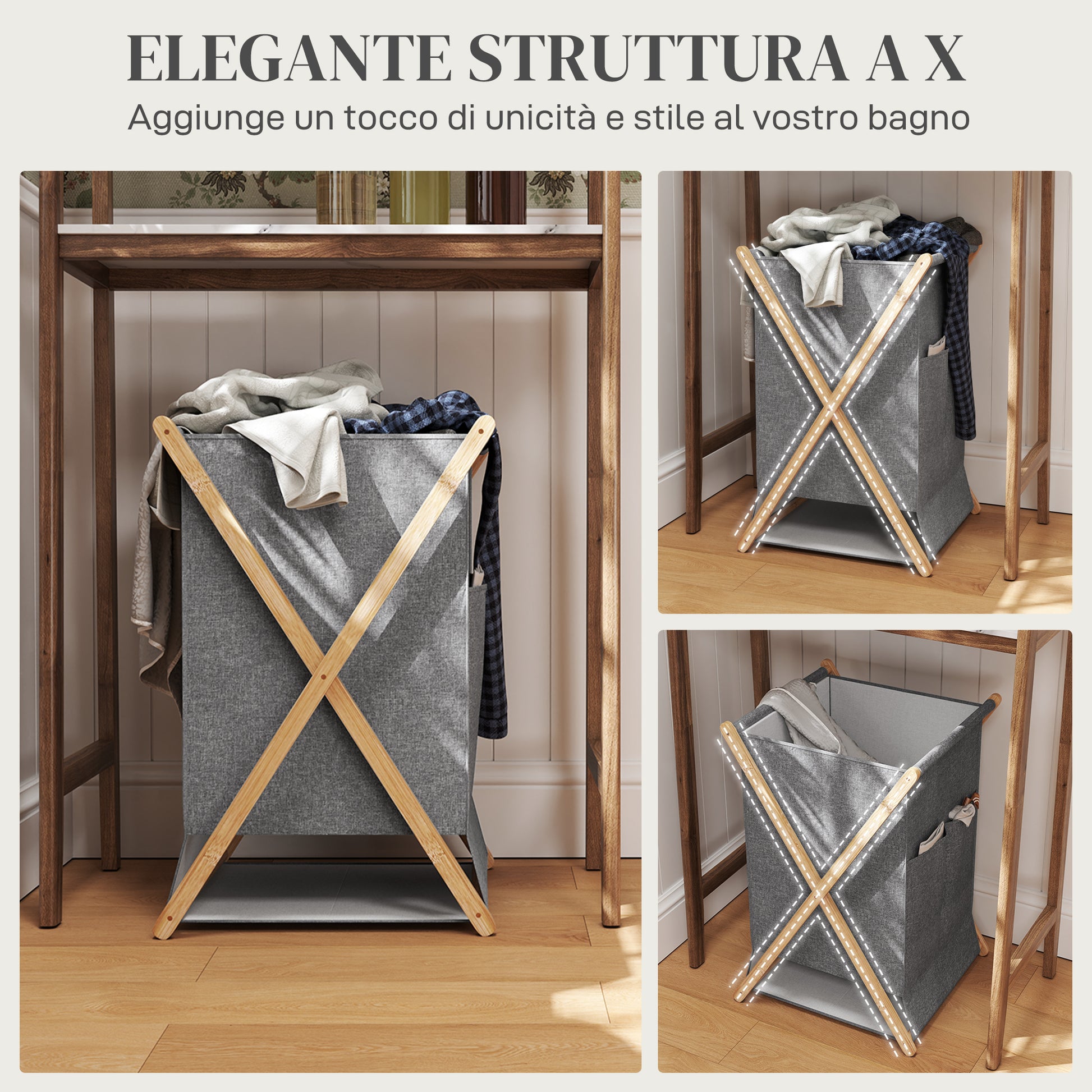 Foldable Laundry Hamper 55L, Fabric Basket with Bamboo Frame for Bedroom and Laundry Room, Natural Wood and Gray