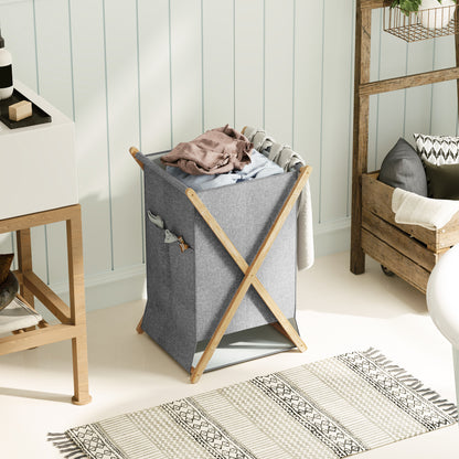 Foldable Laundry Hamper 55L, Fabric Basket with Bamboo Frame for Bedroom and Laundry Room, Natural Wood and Gray