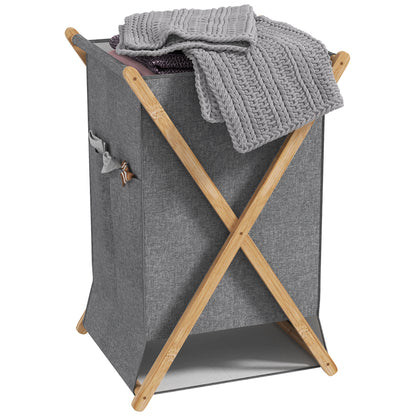 Foldable Laundry Hamper 55L, Fabric Basket with Bamboo Frame for Bedroom and Laundry Room, Natural Wood and Gray