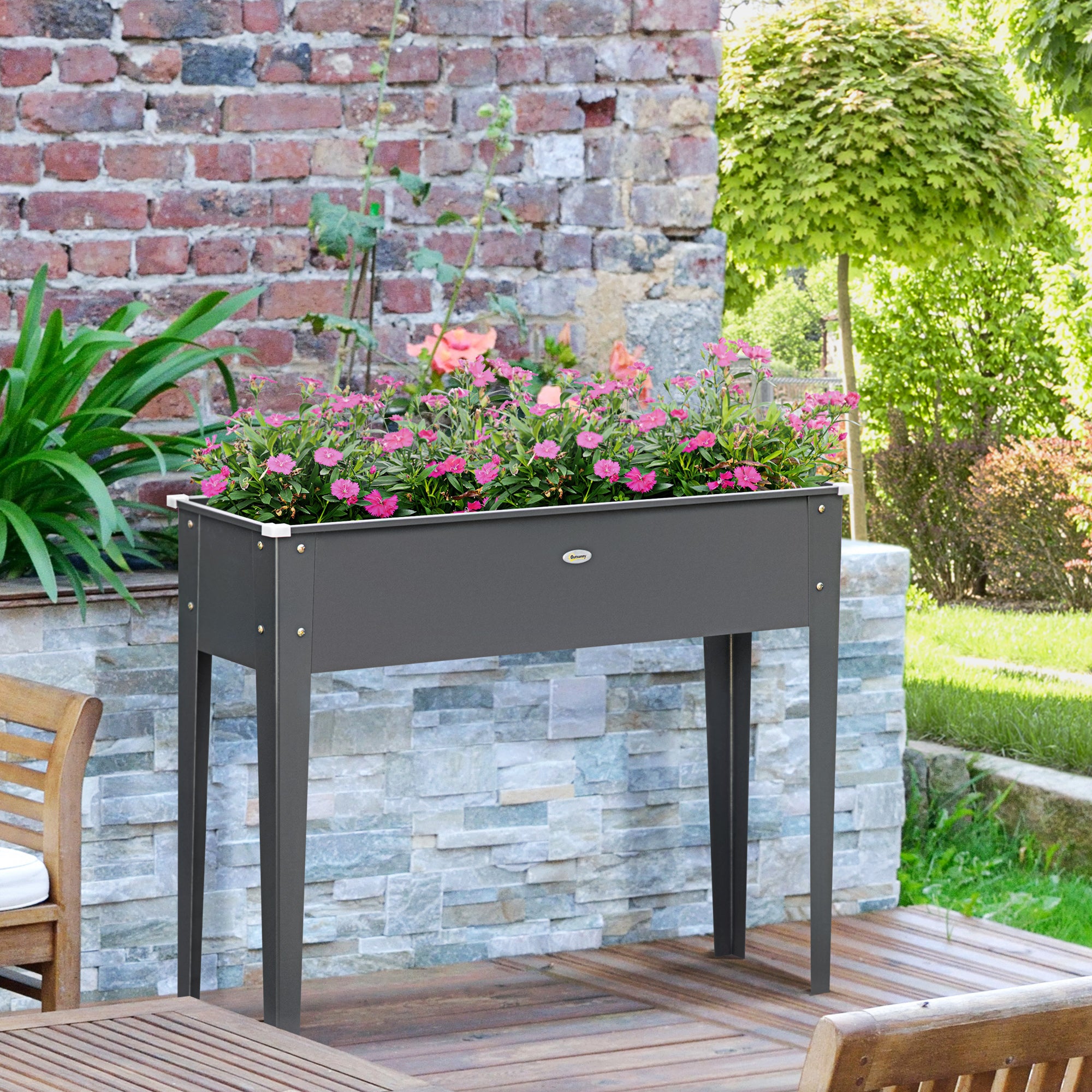 Raised Bed Planting Trough on Legs Square 100 x 30 x 80 cm with Drainage Hole - Hot-Dip Galvanized Steel Gray