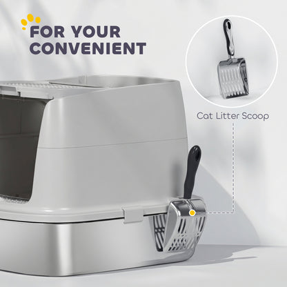 Covered Stainless Steel Cat Litter Box with Flip-Top Lid, Dual Entry, Scoop, High Walls, Leak-Resistant, Odor-Control, Easy to Clean - Light Gray